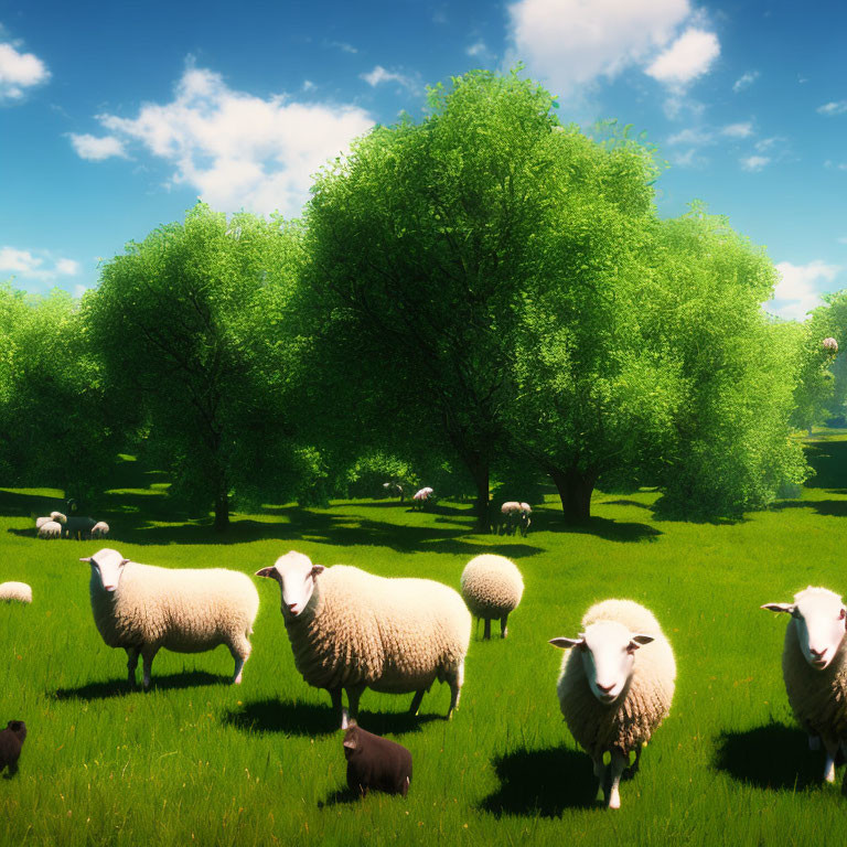 Sheep grazing in sunny green meadow with trees and blue sky