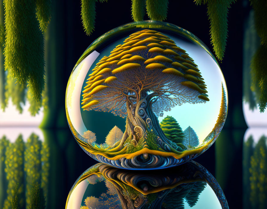 Colorful tree in transparent sphere on shiny surface with greenery backdrop