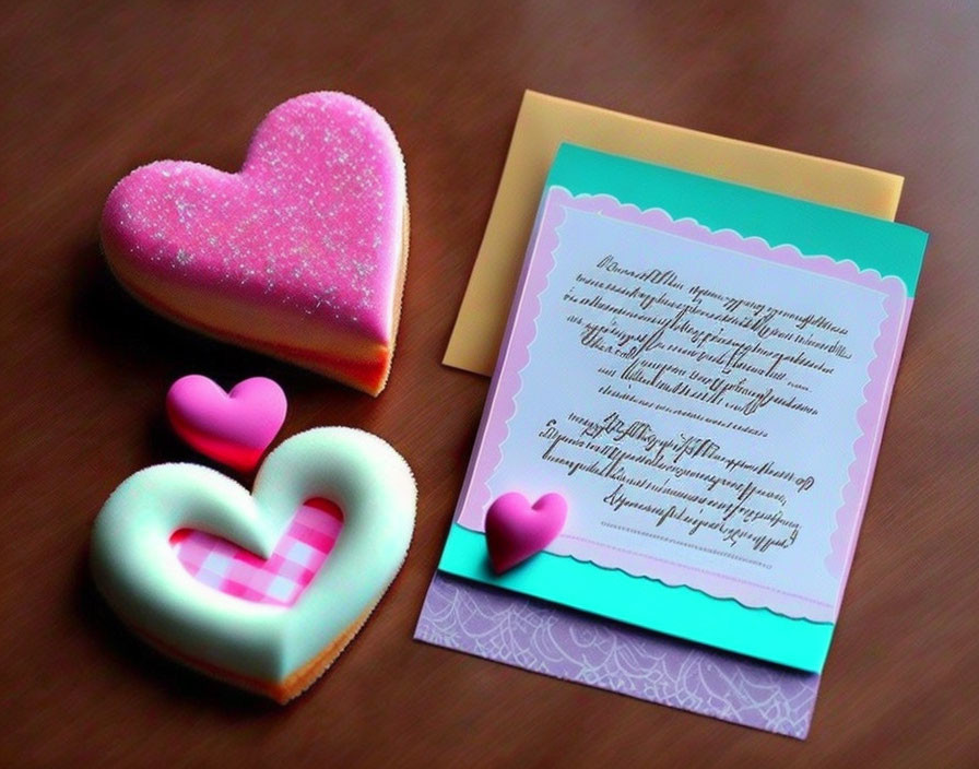 Heart-shaped cookie with pink frosting and elegant script card on wooden surface