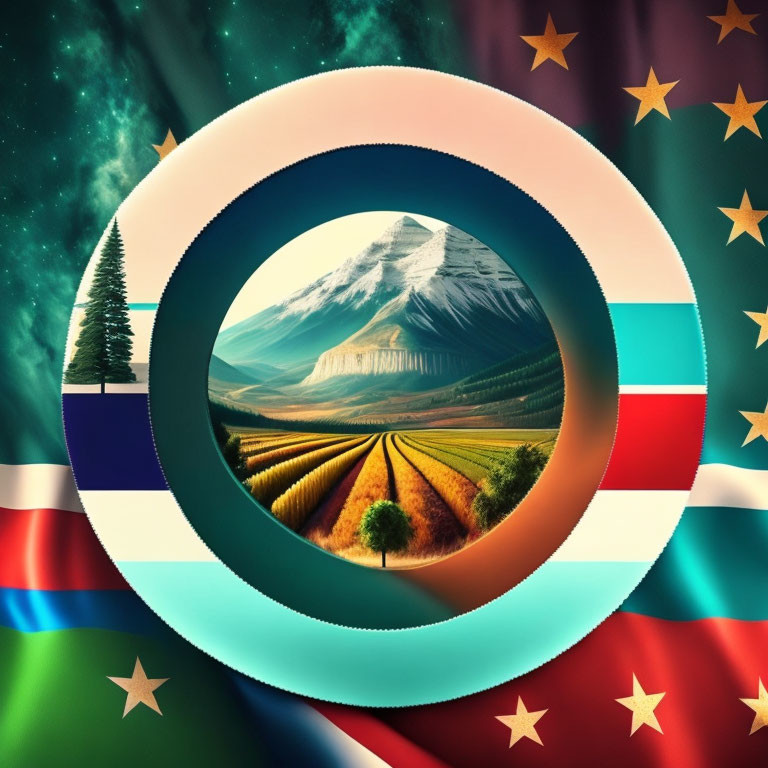 Circular Montage of Global Unity and Nature with Landscapes and Flags