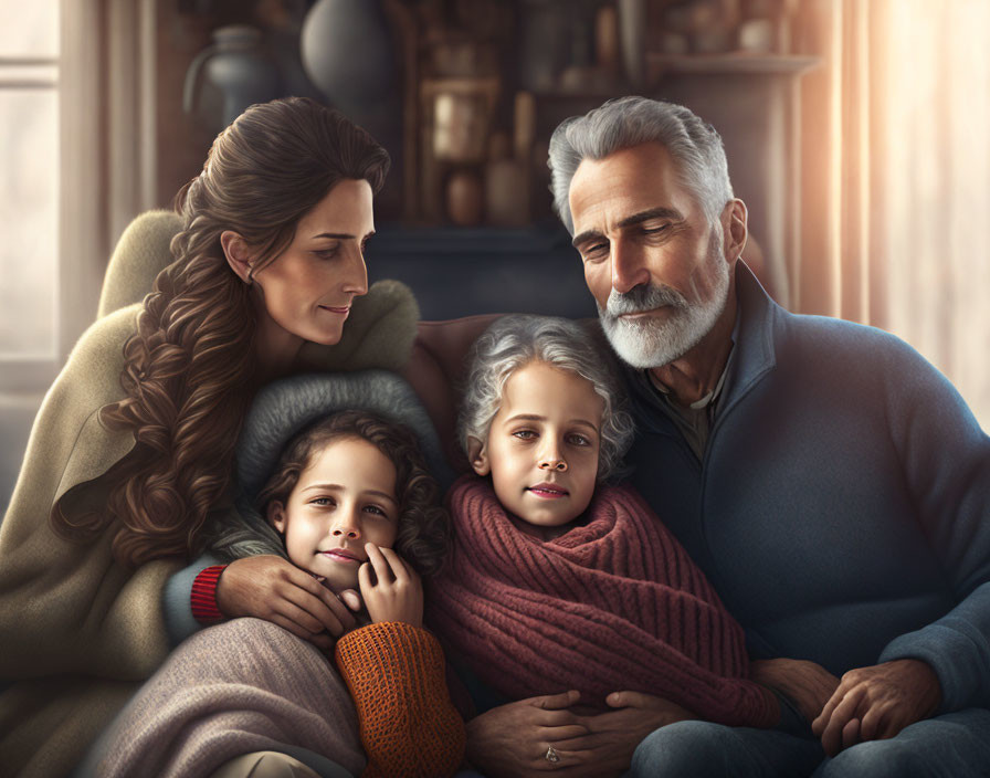 Elderly couple embracing two children in warm indoor setting