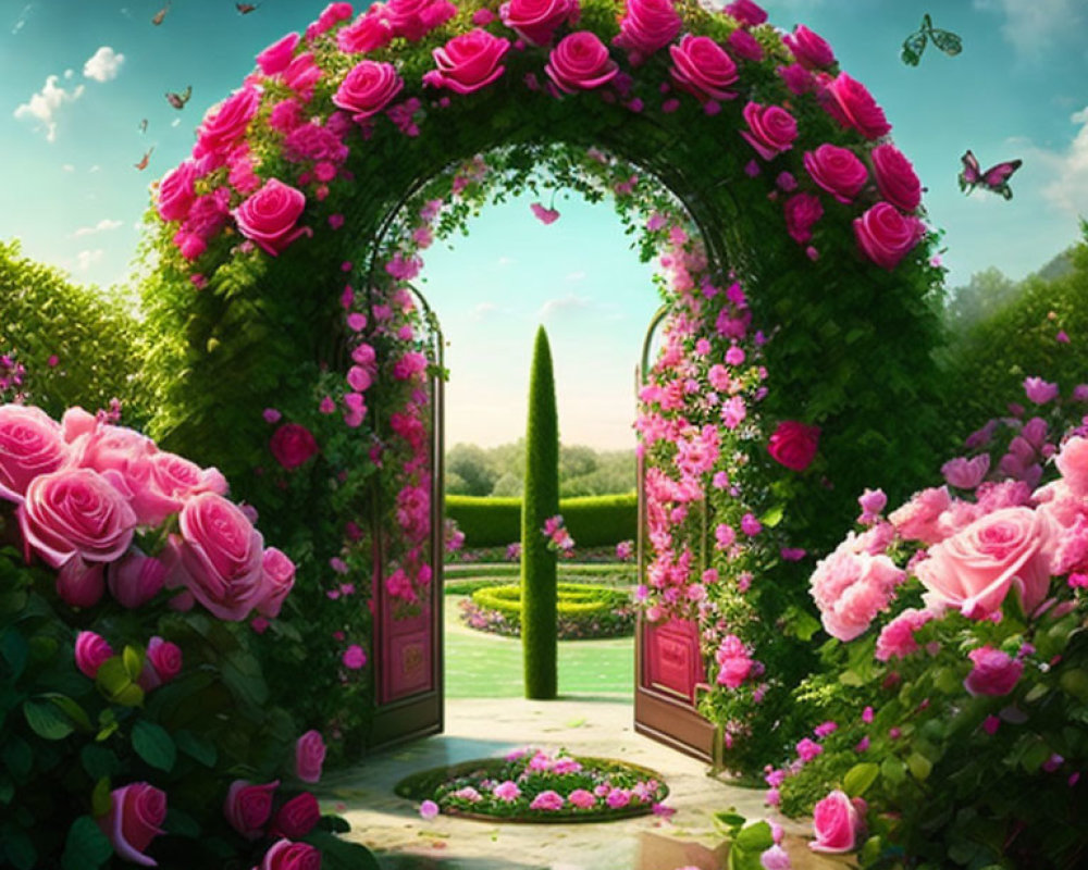 Garden archway with pink roses, lush path, trimmed hedge, butterflies under clear sky