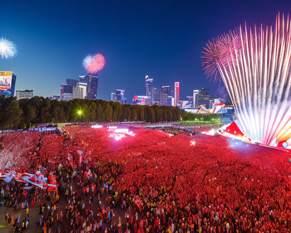 Outdoor Concert with Fireworks Over City Skyline