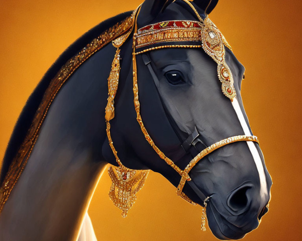 Majestic horse with ornate golden jewelry on warm background