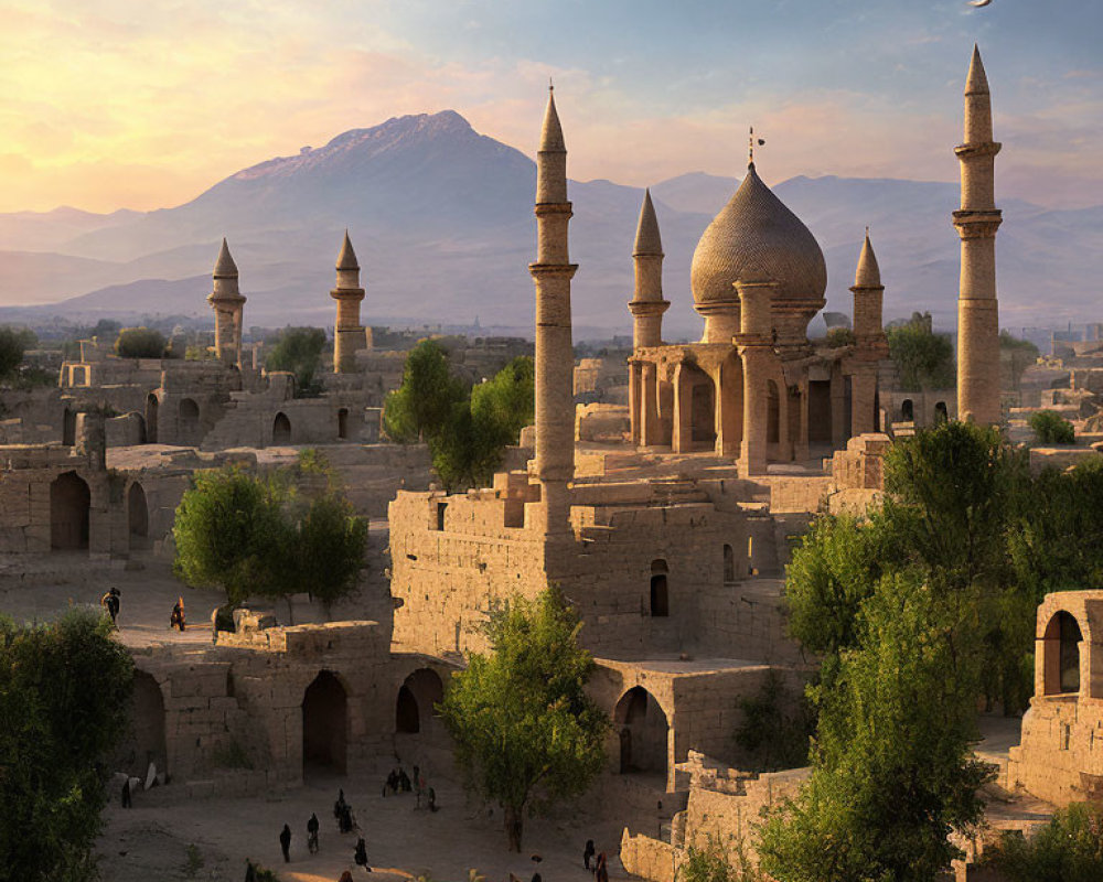 Ancient city with domed buildings and minarets at sunset