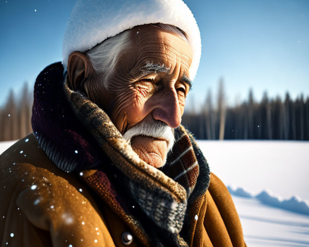 Elderly Man Smiling in Snowy Forest at Sunset