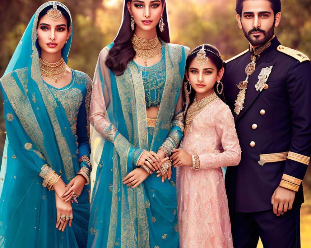 Four elegantly dressed South Asian family members in blue sarees, pink dress, and formal black attire