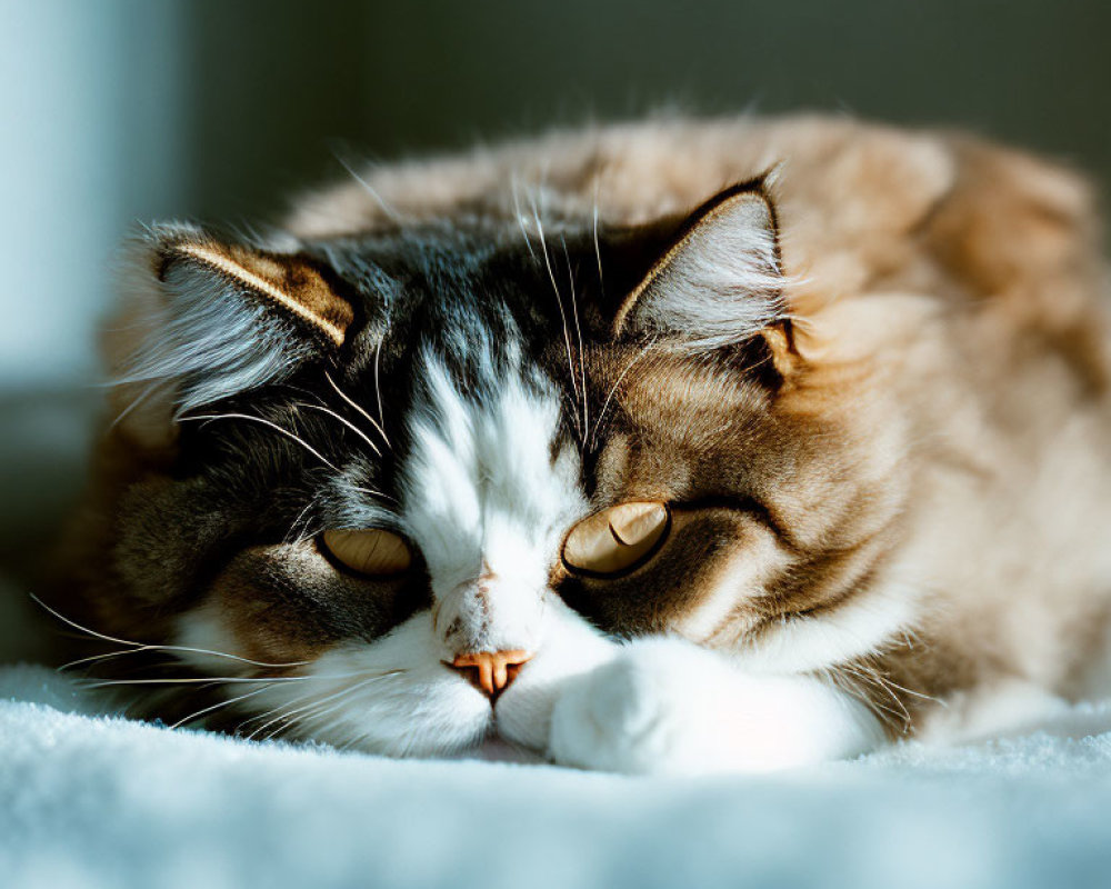 Fluffy striped cat relaxing with eyes half-closed