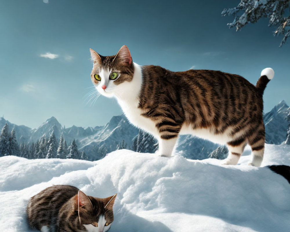 Two cats in snowy landscape with pine trees and mountains.