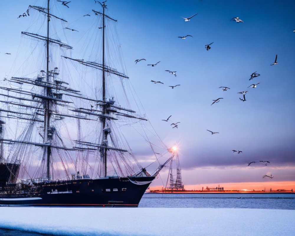 Snowy Pier: Tall Ship, Seagulls, Dusk Sky