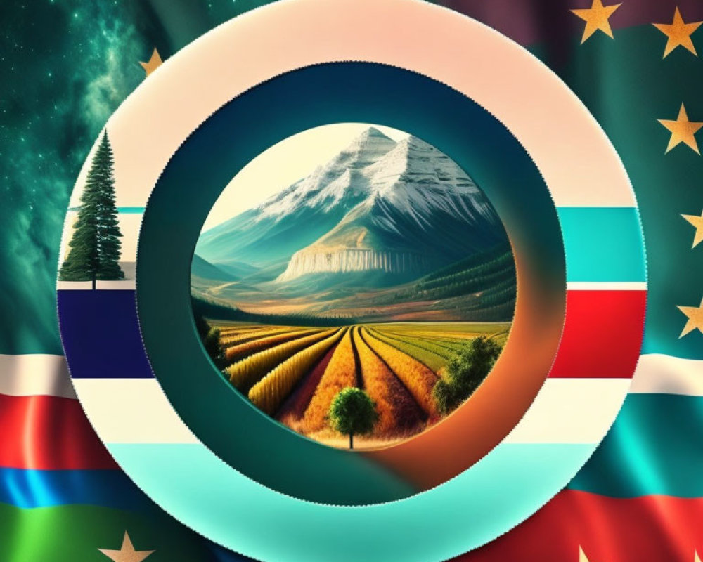 Circular Montage of Global Unity and Nature with Landscapes and Flags