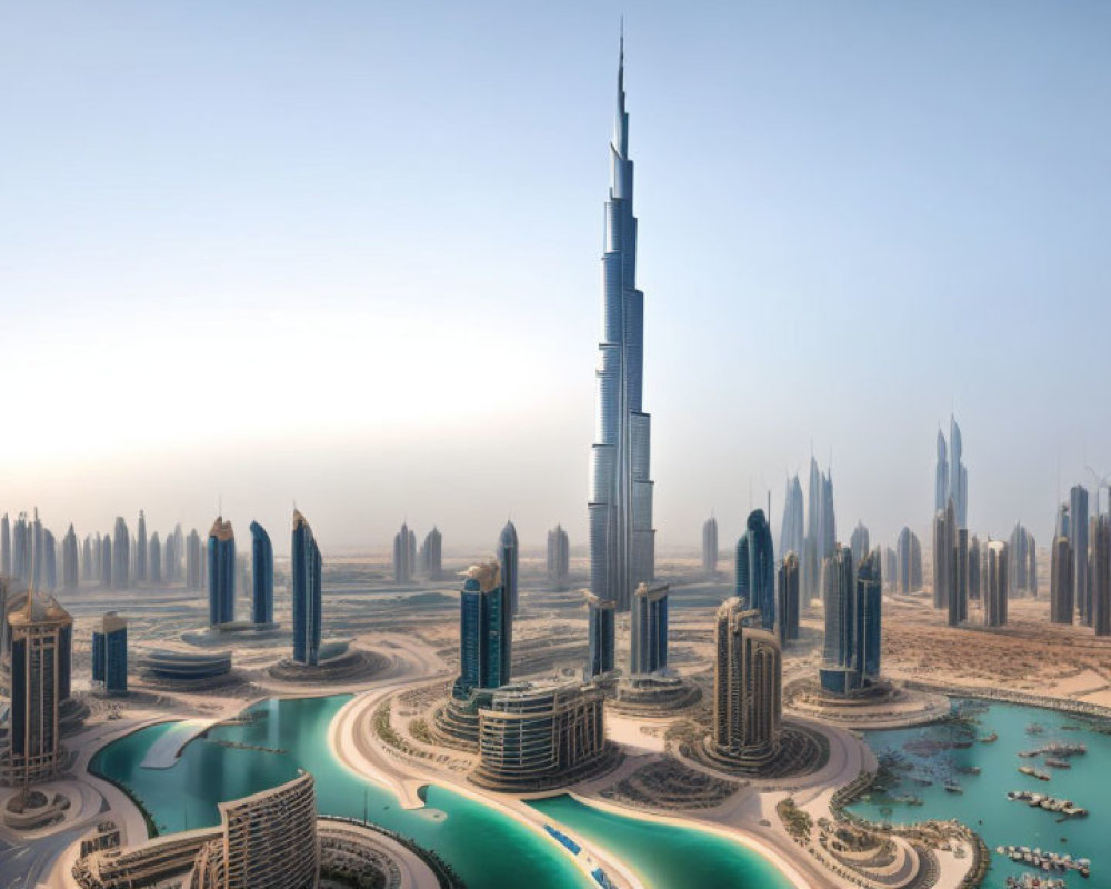 Urban skyline with Burj Khalifa and skyscrapers in Dubai.