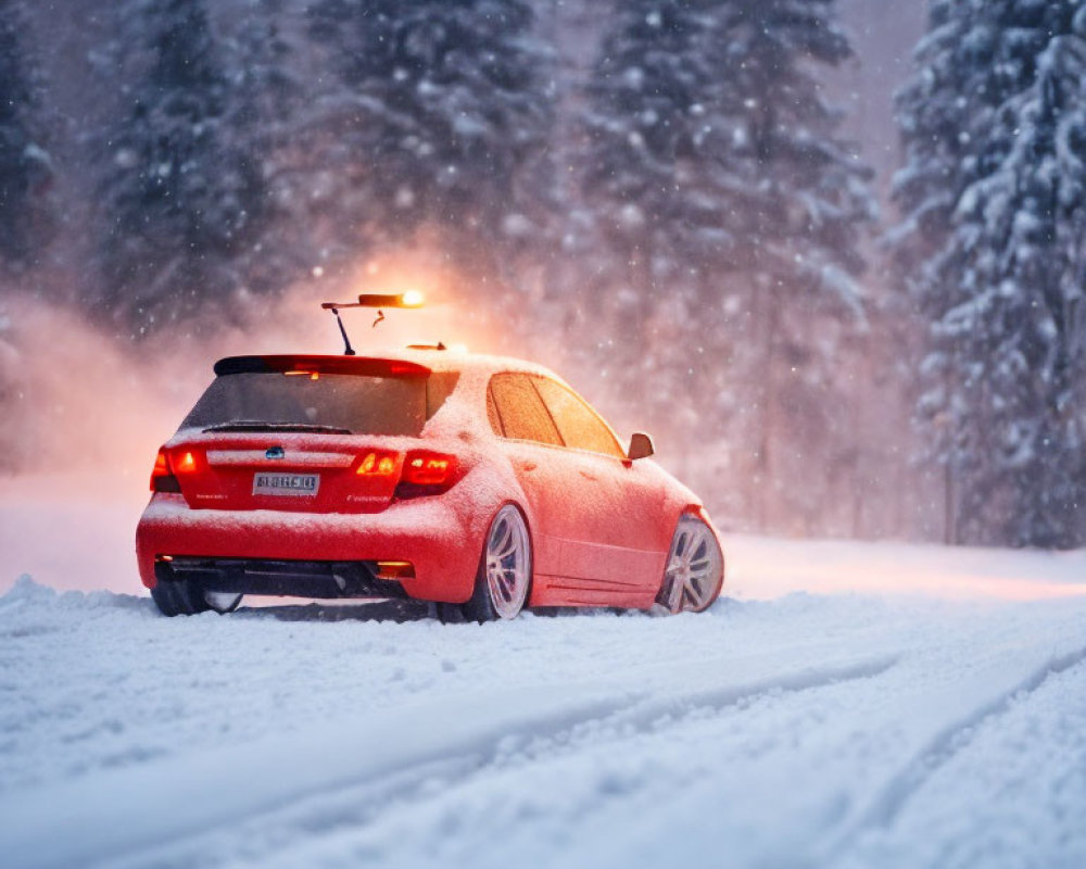 Red car with brake lights driving in snowfall on snow-covered road.