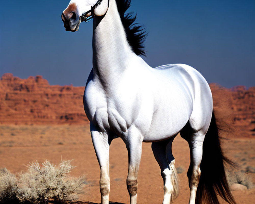 White horse with flowing mane in desert landscape with red rock formations