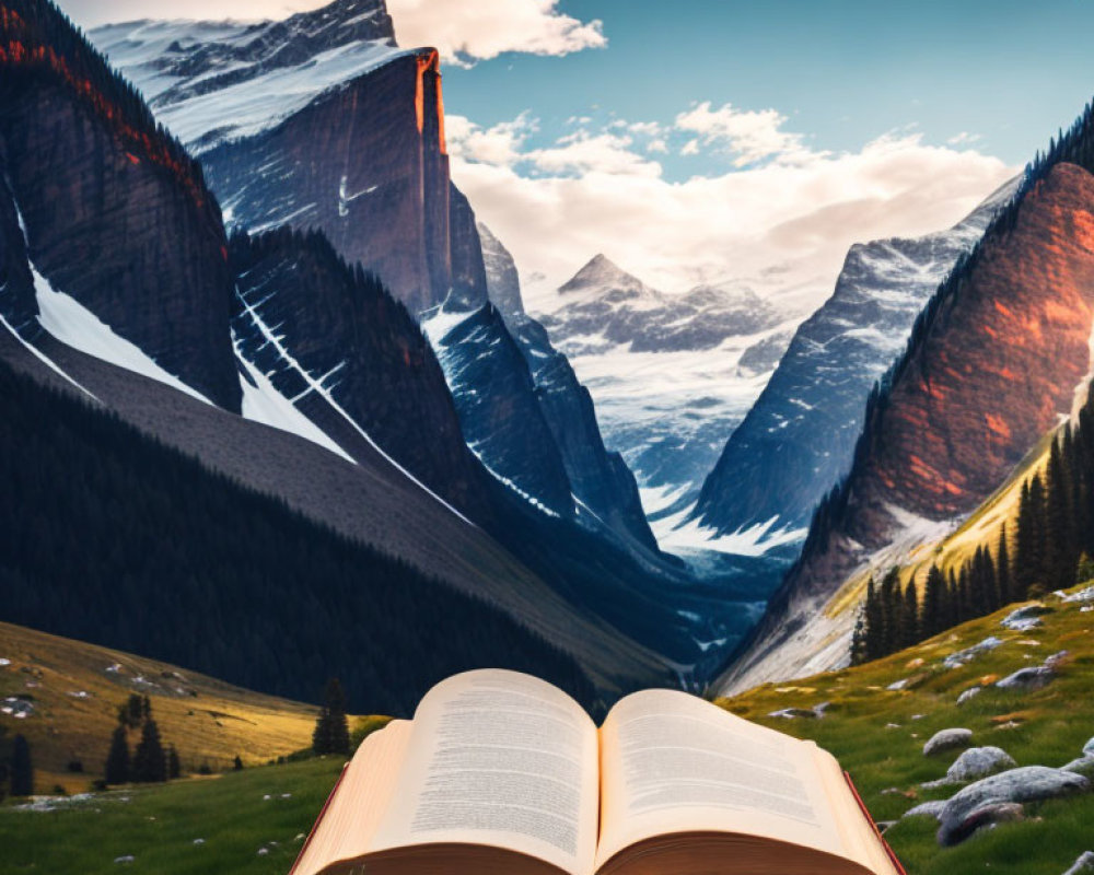 Open book on grass with mountain backdrop and alpine glow symbolizing adventure and knowledge.