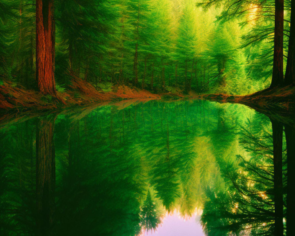 Tranquil pine forest reflected in serene water