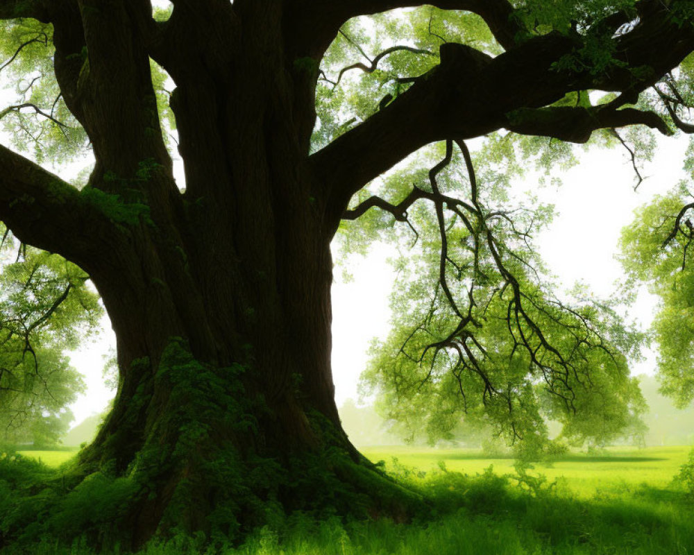 Ancient tree with sprawling branches and vibrant green leaves in soft sunlight