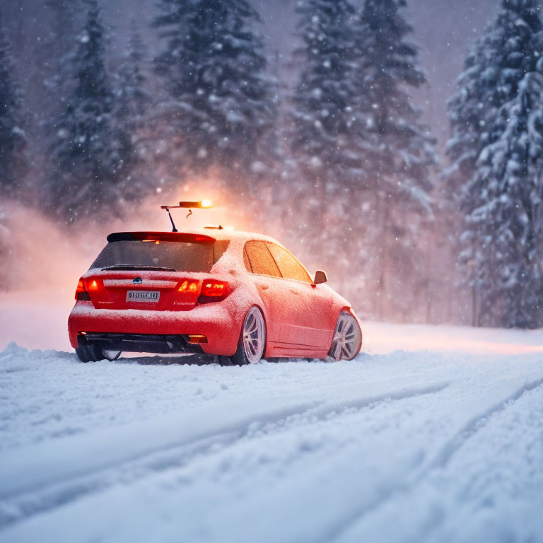 Red car with brake lights driving in snowfall on snow-covered road.