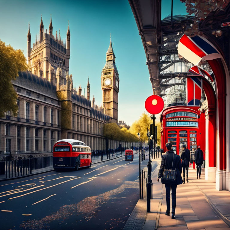 Iconic Big Ben, red double-decker bus, and phone booth in urban scene