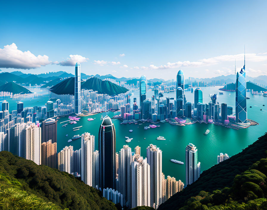 Panoramic view of bustling harbor city with skyscrapers, boats, and green hills