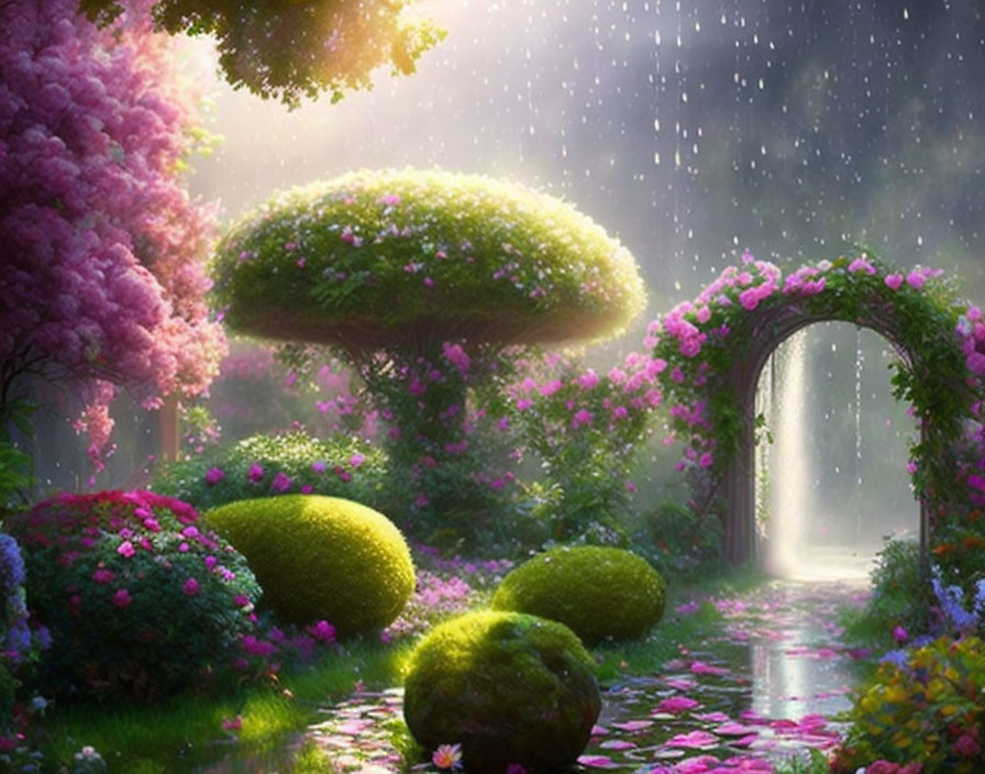 Lush garden with pink blossoms, spherical shrubs, floral archway, and rain-soaked