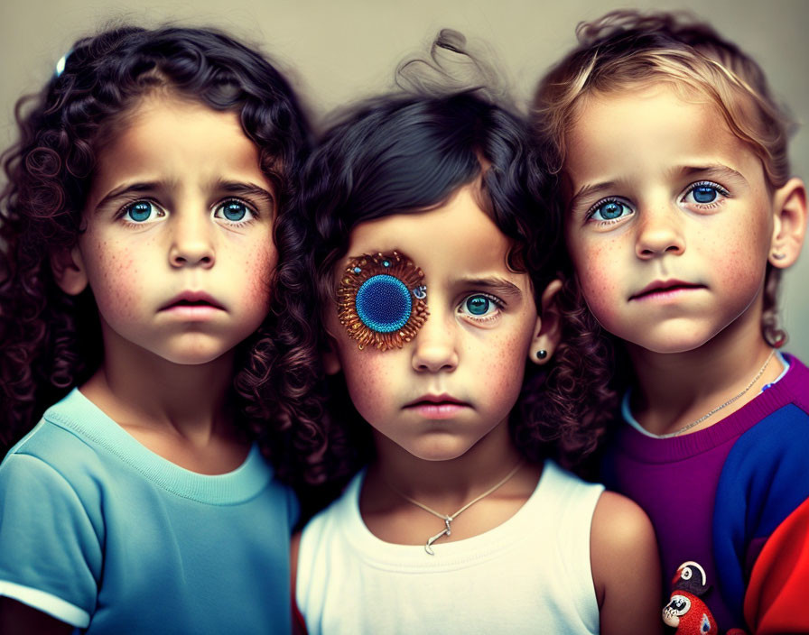 Three girls with distinctive curls and bright eyes, one adorned with a peacock feather-like decoration.