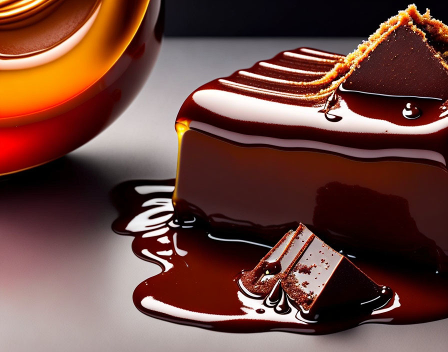 Glossy Chocolate Cake with Glaze and Caramel Sauce Slice on Modern Surface