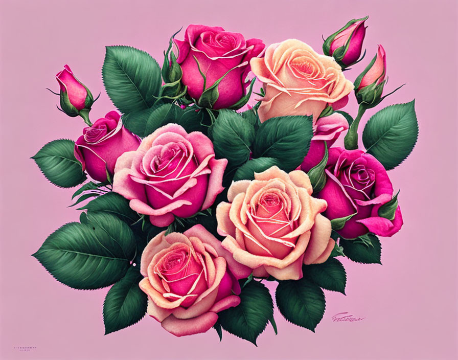 Pink and Peach Roses Bouquet on Soft Pink Background