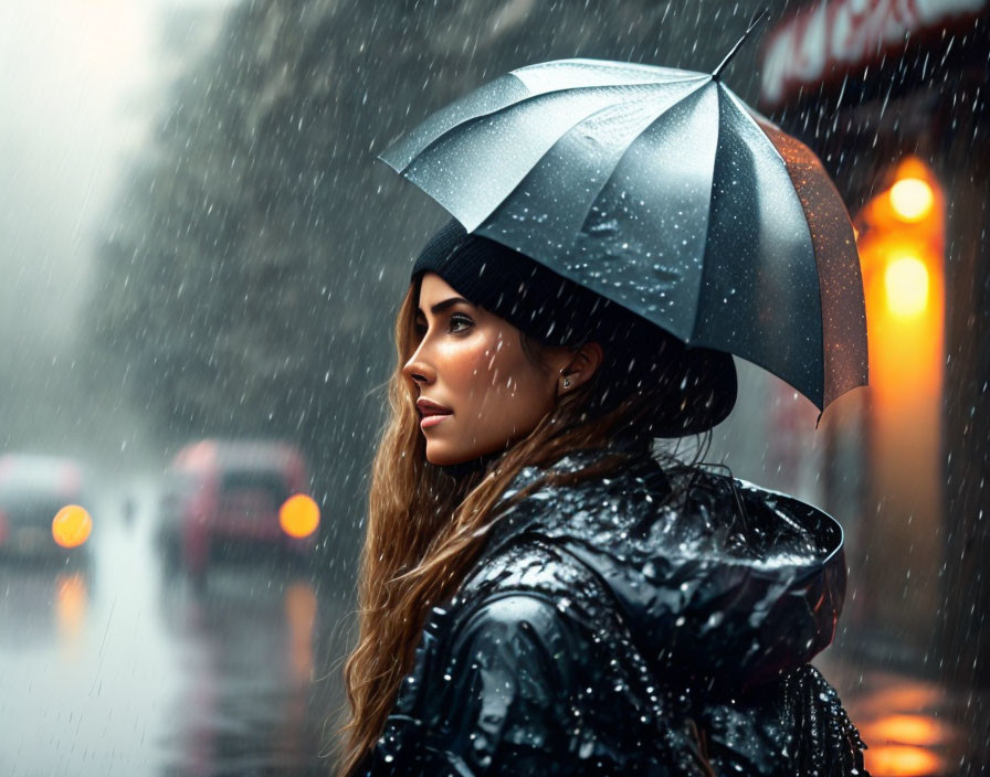 Woman under black umbrella in rain with city lights and car.