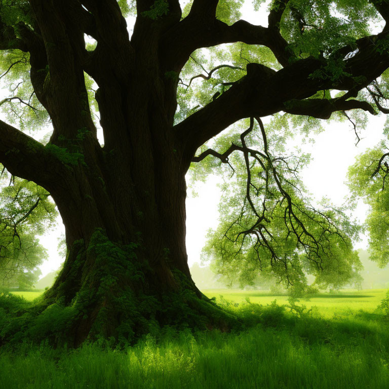 Ancient tree with sprawling branches and vibrant green leaves in soft sunlight