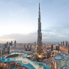 Urban skyline with Burj Khalifa and skyscrapers in Dubai.