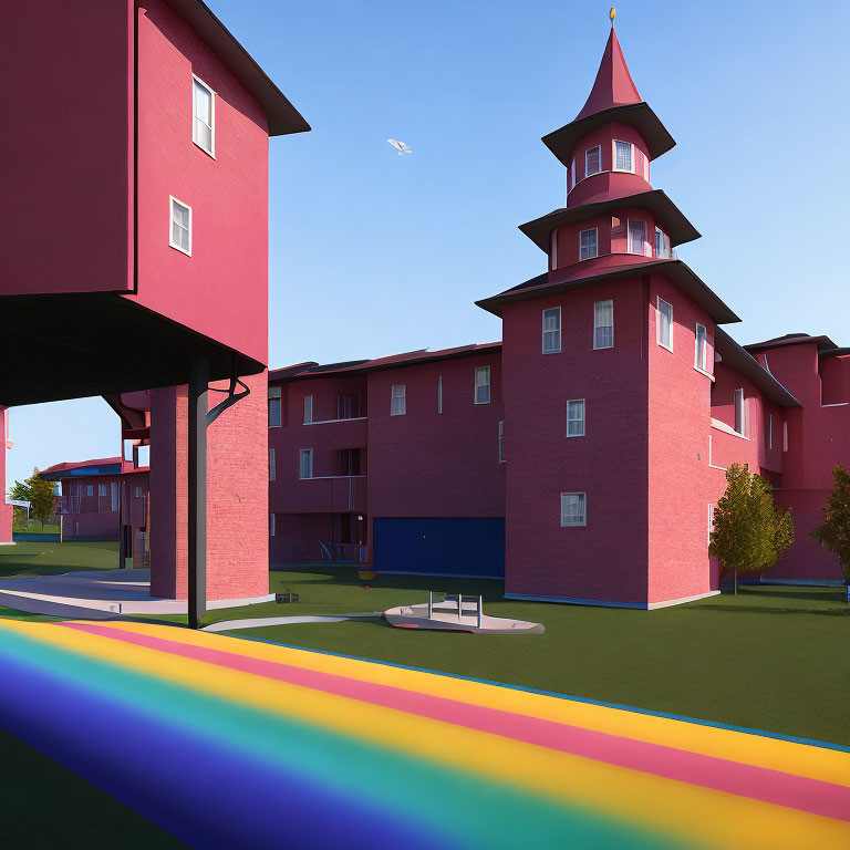 Surreal pink building complex with elevated structure and tower under clear sky