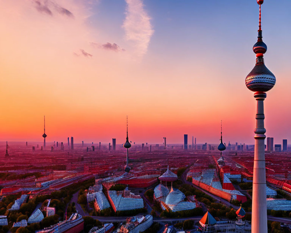 Cityscape with Vibrant Sunset and Spherical-Topped Towers