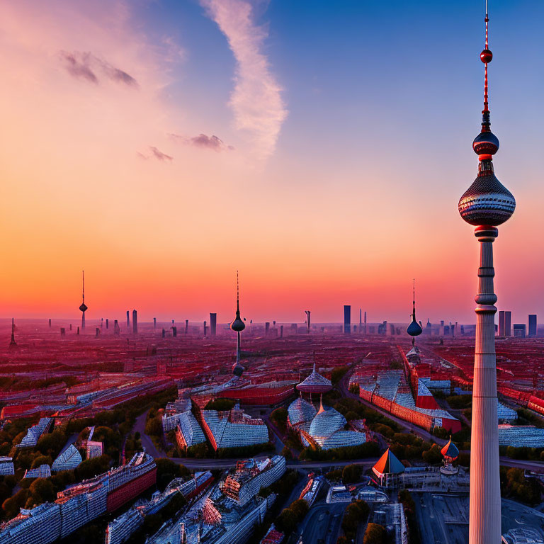 Cityscape with Vibrant Sunset and Spherical-Topped Towers