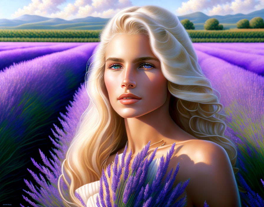 Blonde woman portrait in blooming lavender field