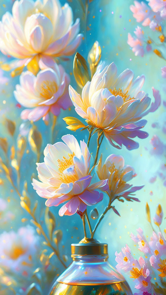 Delicate White and Yellow Flowers in Golden Vase on Soft Blue and Pink Background