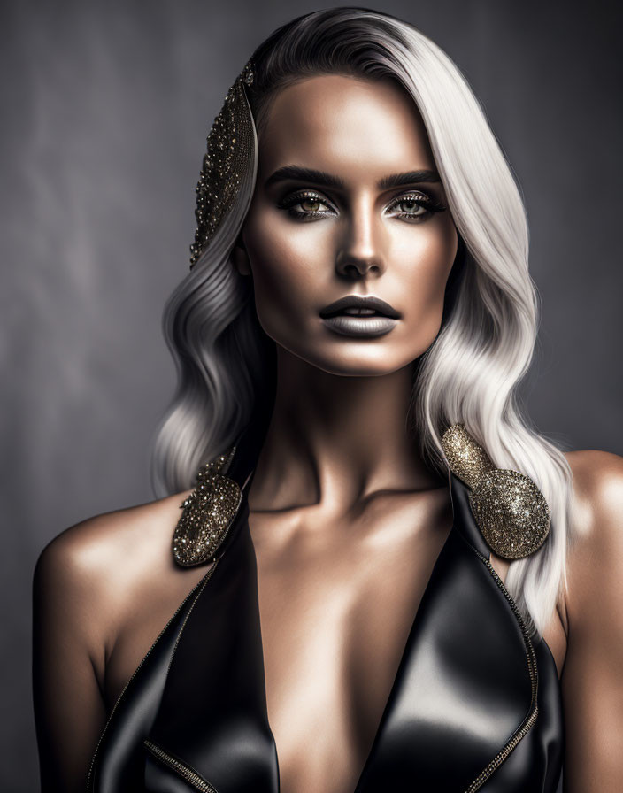 Portrait of woman with wavy white hair and dark makeup against muted background