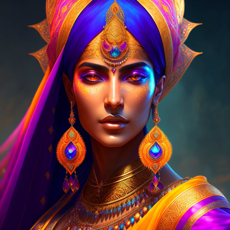 Colorful portrait of woman with blue skin and golden jewelry and turban.