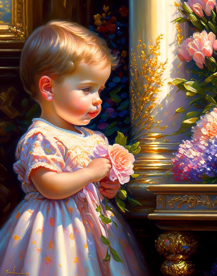 Toddler in Pastel Dress Holding Rose Among Detailed Flowers