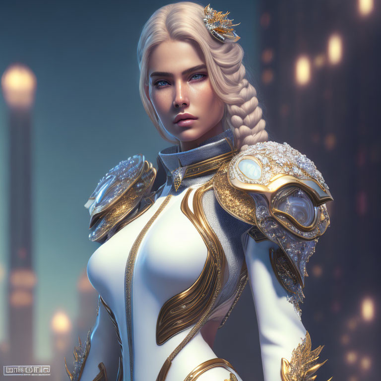 Pale-skinned woman in futuristic white and gold armor with braided blonde hair in 3D render