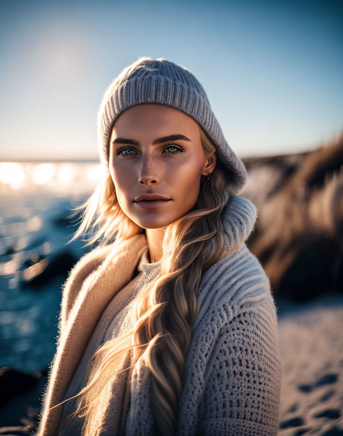 Woman with braided hairstyle in knit hat and scarf by coastal backdrop