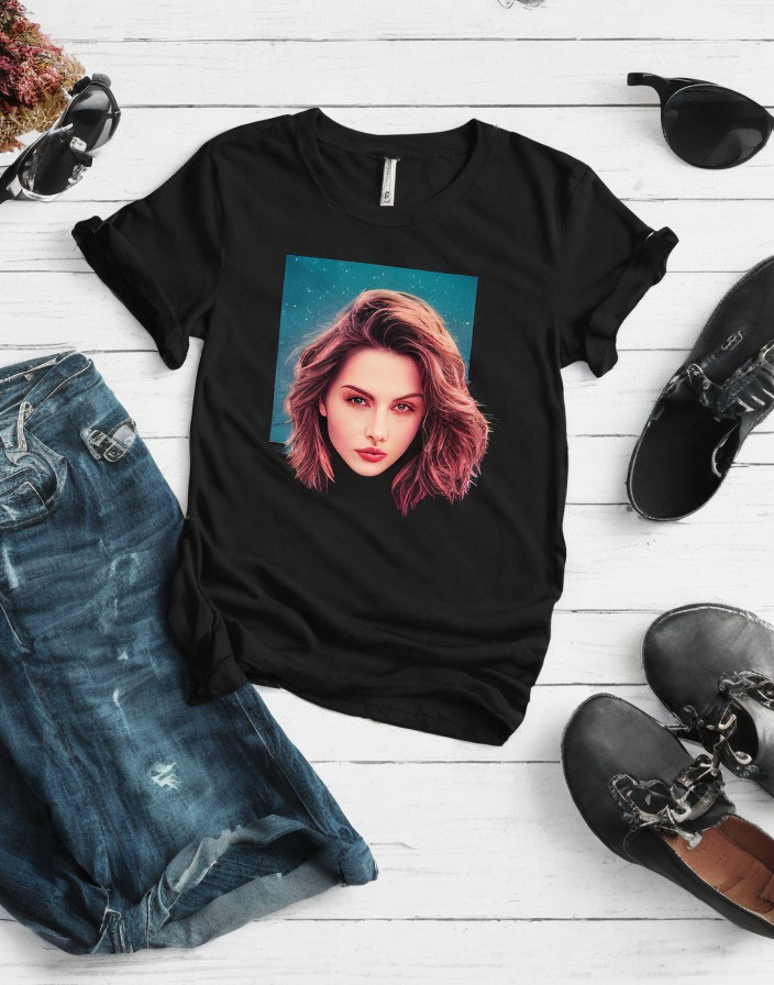 Graphic Print Black T-Shirt with Distressed Jeans Outfit Displayed