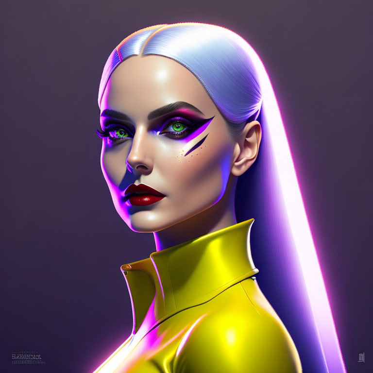 Vibrant digital artwork: woman with neon hair and striking makeup