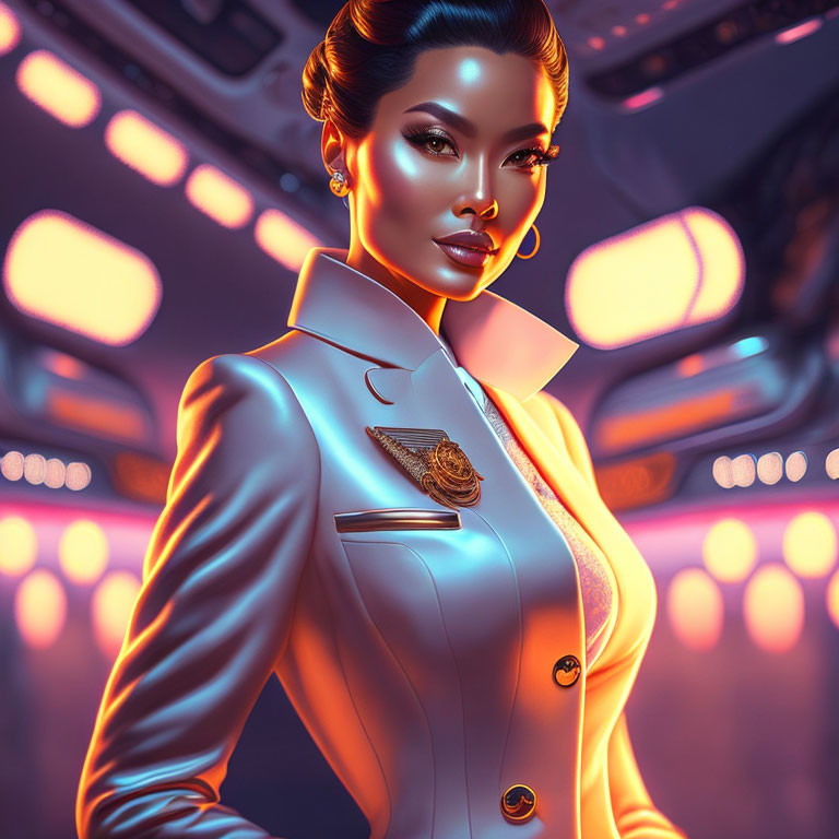 Stylized woman in futuristic uniform with glowing elements