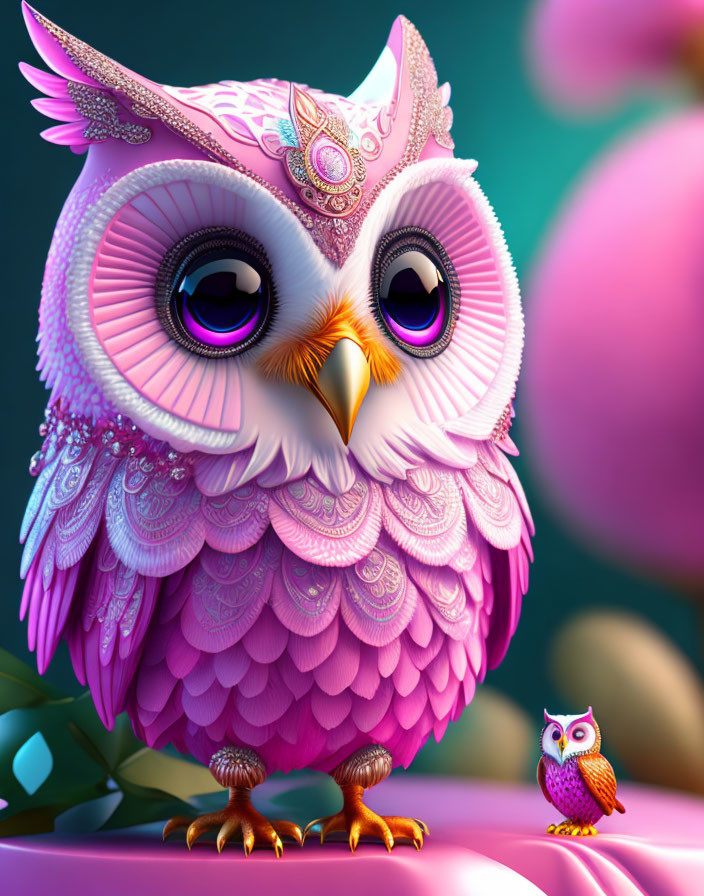 Colorful Digital Illustration of Stylized Owls on Teal Background