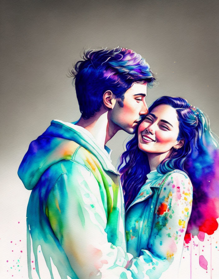 Vibrant illustration of romantic couple embracing with colorful hair merge