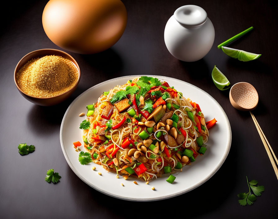 Vegetable and Tofu Stir-Fried Noodles with Sesame Seeds on Dark Surface