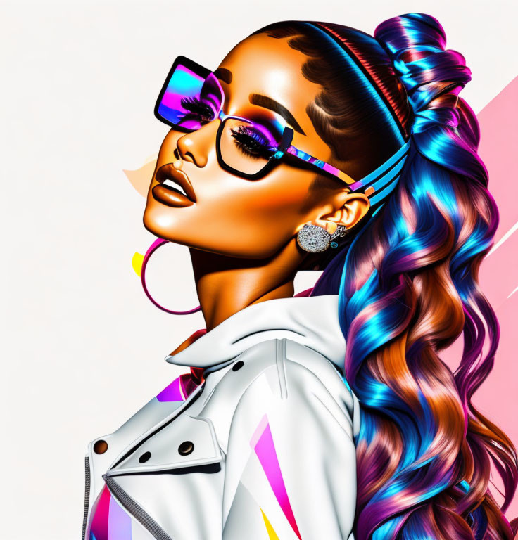 Vibrant blue-pink wavy hair woman with hoop earrings and sunglasses