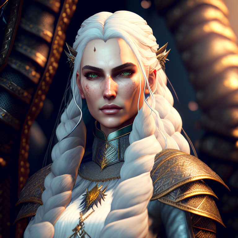 White-haired fantasy elf with green eyes and gold-trimmed armor