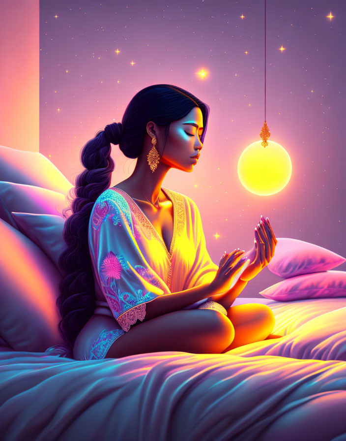 Illustration of woman meditating with glowing orb on bed at twilight